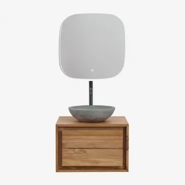 Conjunto De Móveis De Banheiro Em Madeira De Teca Jabari Madeira De Teca & Cimento Cinzento Redondo Ø40 Cm Tarsis & Quadrado Led - Sklum