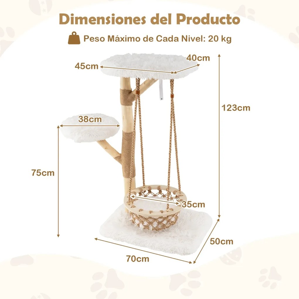 Arranhador para gatos 70 x 50 x 123 cm com rede suspensa, galhos de madeira, postes para arranhar em juta e 2 ganchos Natural + Branco