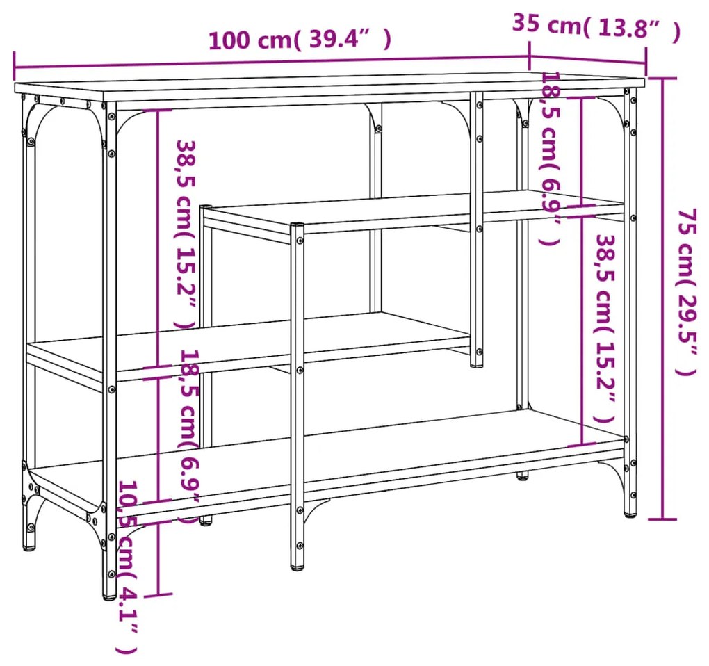 Mesa consola c/ prateleiras 100x35x75 cm cinzento sonoma