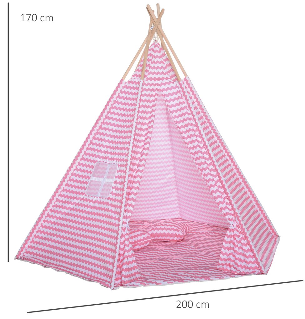 HOMCOM Tenda Infantil tipi infantil estilo indiano com janela para cobrir o piso e 2 almofadas Bolsa de transporte 200x200x170 cm Rosa