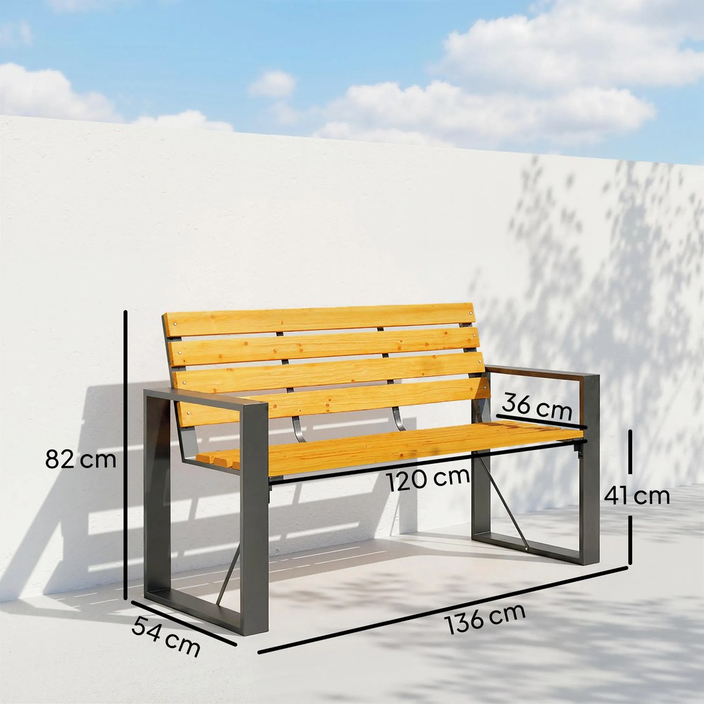 Banco de Jardim Exterior de 2 Lugares com Encosto e Assento Ripado em Madeira e Estrutura de Aço 136x54x82 cm Cor Madeira