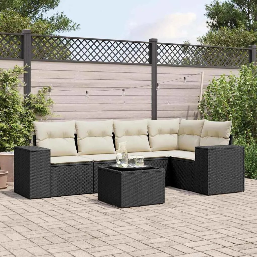 6 pcs conjunto sofás de jardim c/ almofadões vime PE preto