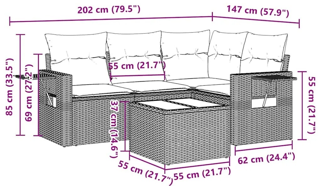 5 pcs conj. sofás jardim c/ almofadões vime PE cinzento-claro