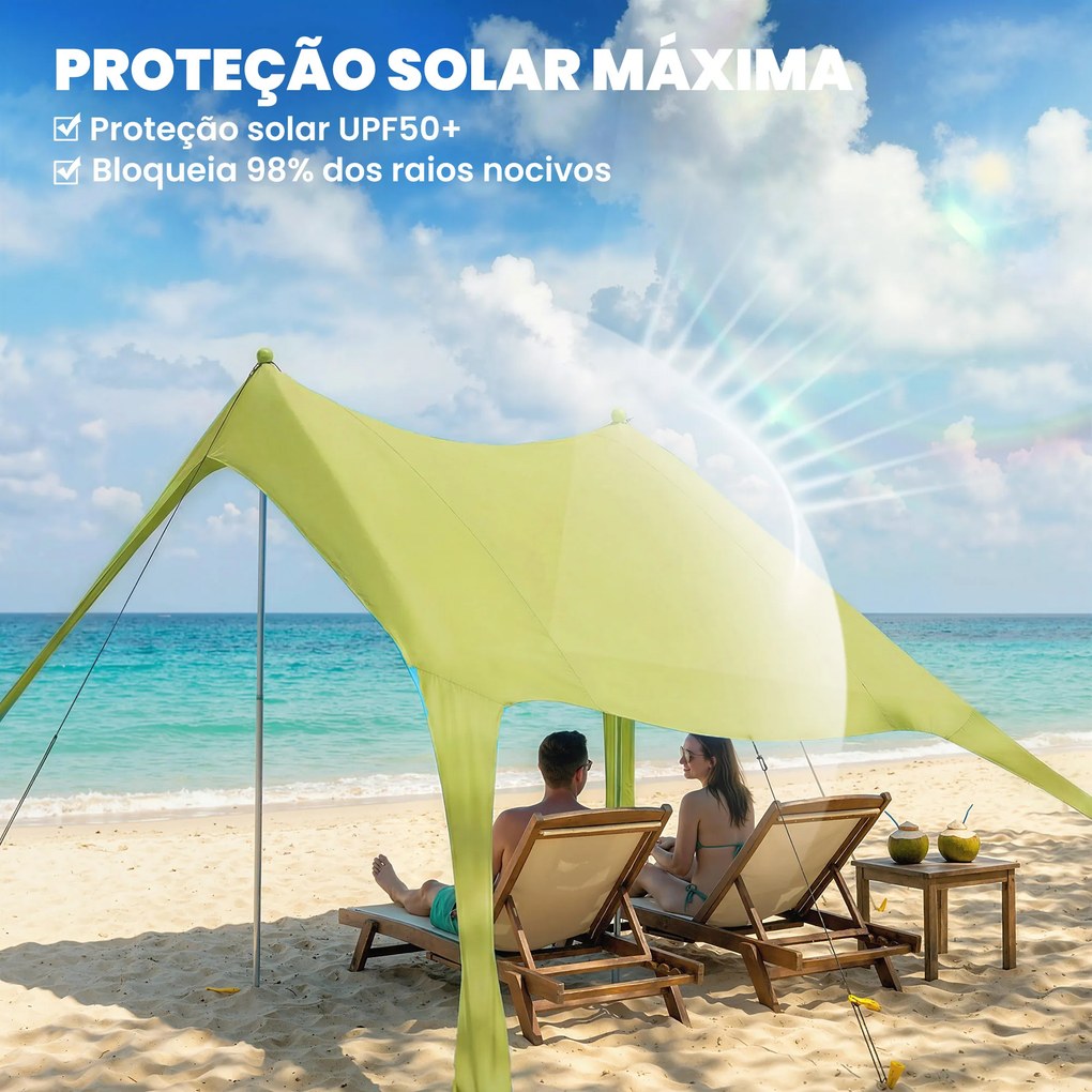 Tenda de Praia Dobrável com Tapete UPF50+ Postes de Alumínio Pá Estacas e Bolsa de Transporte 208x200 cm Verde