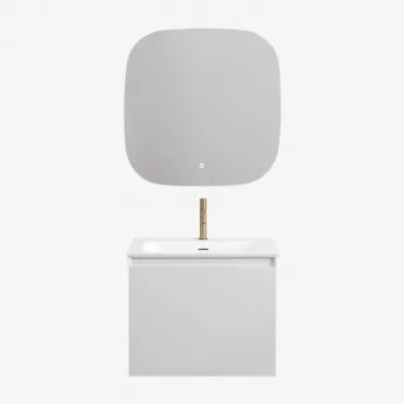 Conjunto De Móvel De Casa De Banho Suspenso Em Madeira Com Lavatório Integrado Macrae Branco & Quadrado Led E Anti-embaciamento 75x75 Cm - Sklum