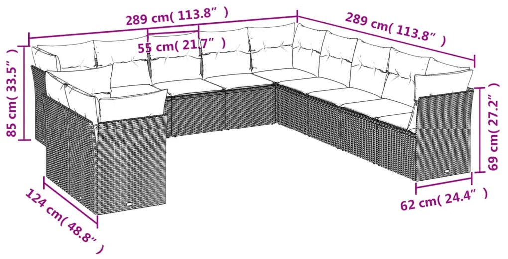 11 pcs conjunto sofás de jardim c/ almofadões vime PE castanho