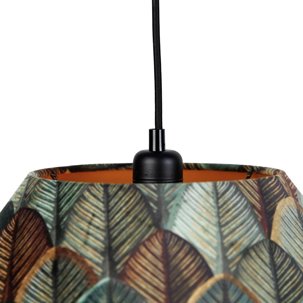 Candeeiro suspenso preto com abajur duplo de veludo com design de folha e bege 2 luzes - Cava Luxe