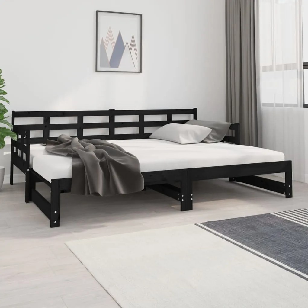 Sofá-cama de puxar pinho maciço preto 2x(80x200) cm