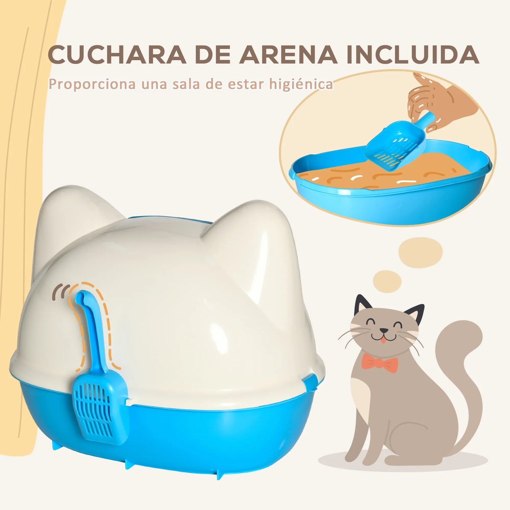 PawHut Caixa de Areia para Gatos Caixa de Areia Fechada com Orifício de Entrada e Pá Incluída 59x42,5x47cm Branco e Azul
