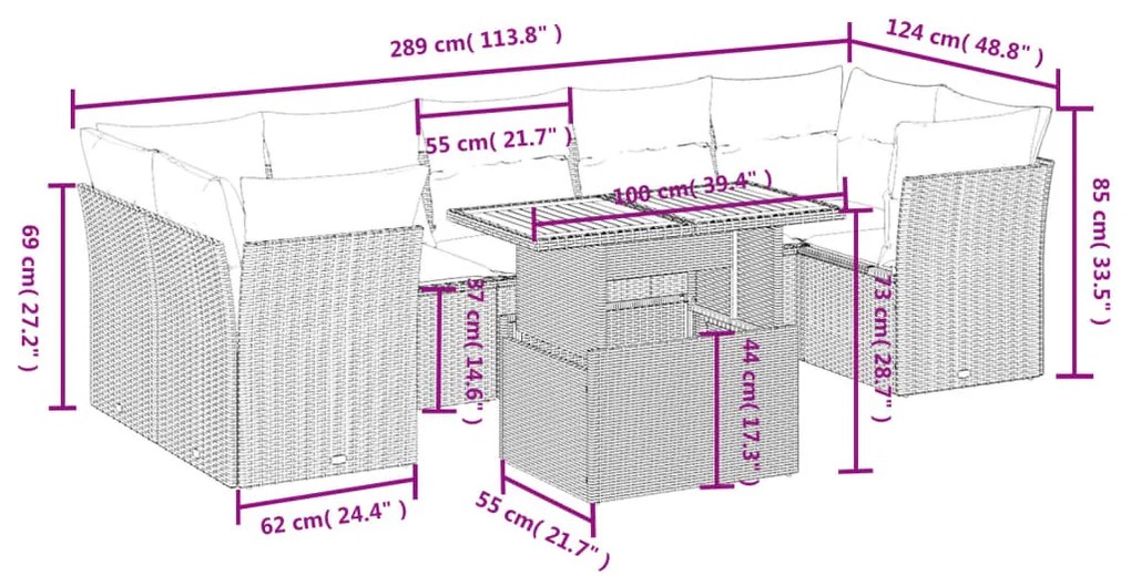 8 pcs conjunto de sofás p/ jardim com almofadões vime PE bege