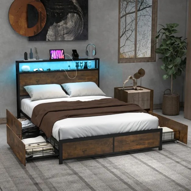 Estrutura de cama de casal 140 x 200 cm Metal Estrutura de cama de casal Luz LED RGB Cabeceira 4 gavetas de arrumação Ligação USB Plataforma de cama