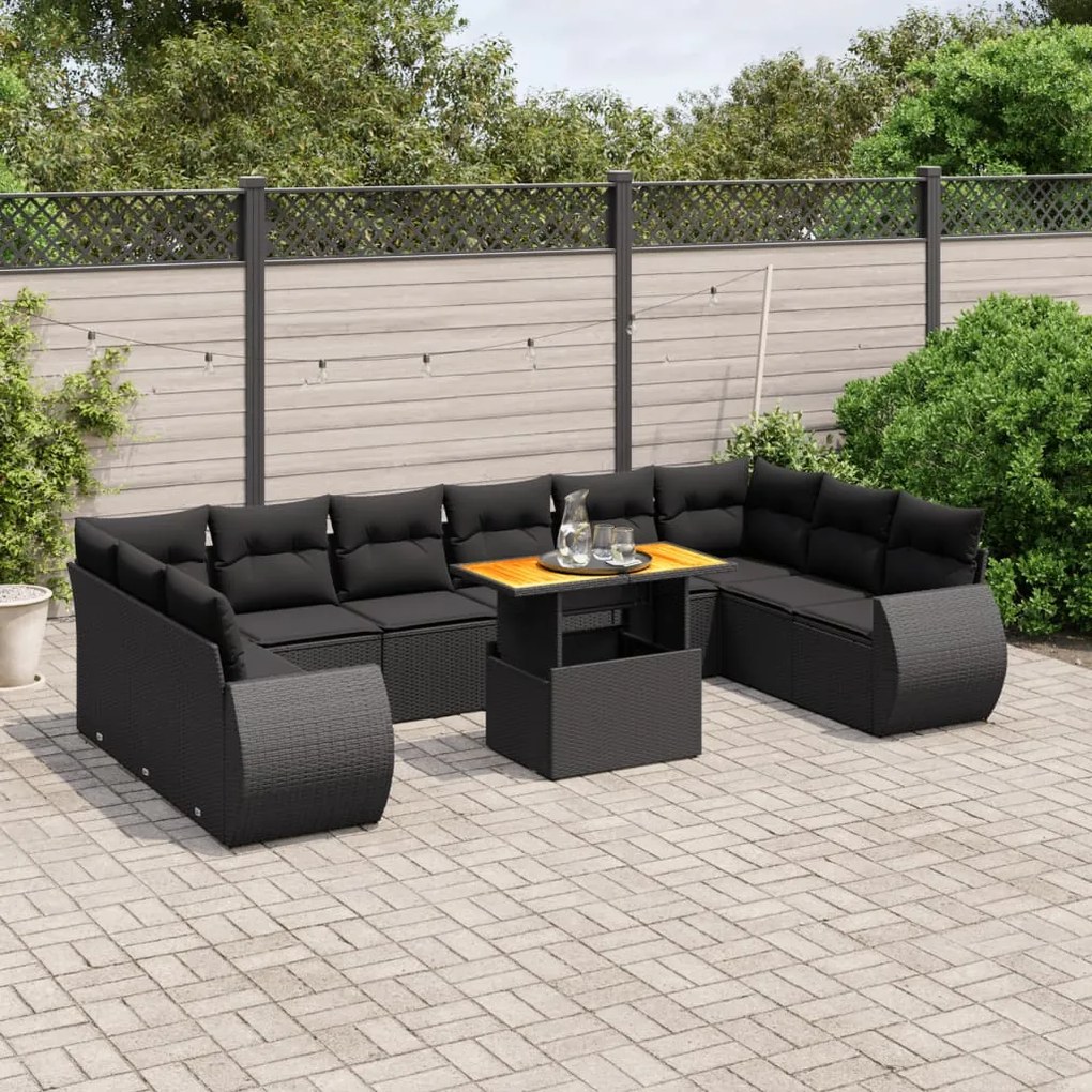 11 pcs conjunto sofás de jardim c/ almofadões vime PE preto