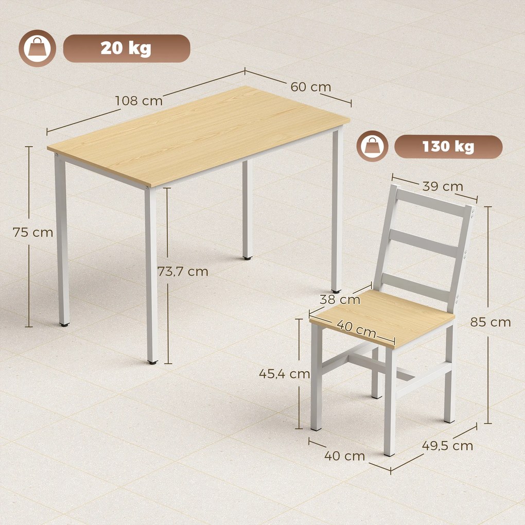 Conjunto de Mesa de Jantar e 4 Cadeiras, 108 x 60 x 75 cm, Encosto de Ripas, Cor Carvalho