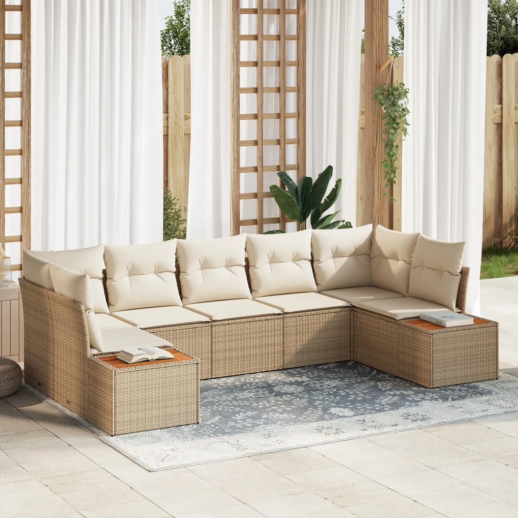 Conjunto de Sofá de Jardim vidaXL 7 Peças com Almofadas Bege em Rattan Sintético de Acácia