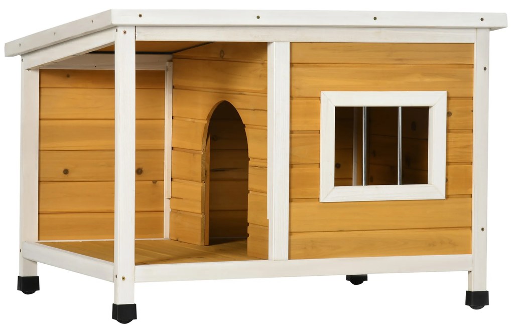 Casa para Cães de Madeira 85,5x62x60cm Casa para Animais de Estimação Casa para Cães com Teto Asfáltico Impermeável e Janela para Interior e Exterior