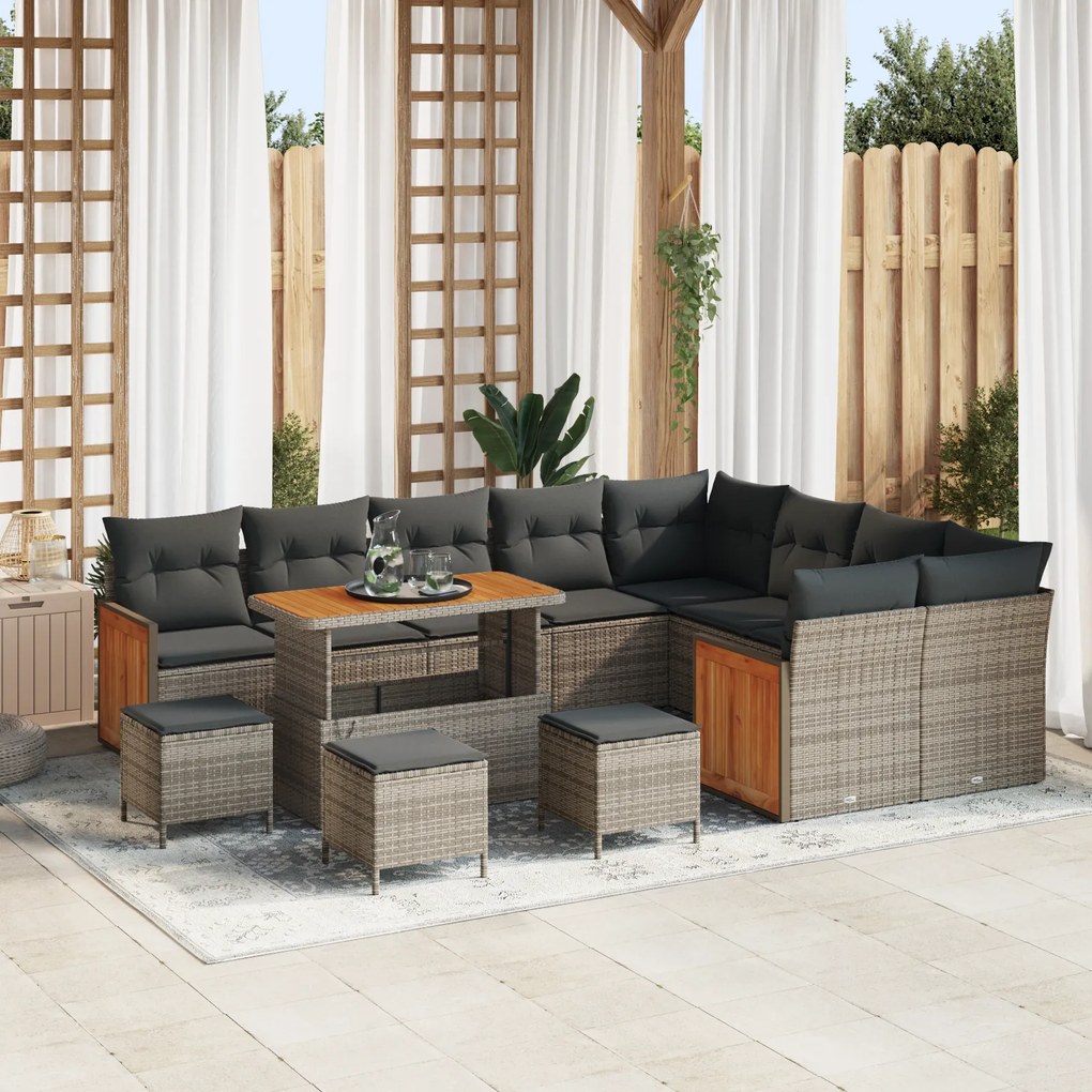 vidaXL Conjunto de Sofá de Jardim em 13 Peças com Almofadas Cinza Rattan Polímero Acácia