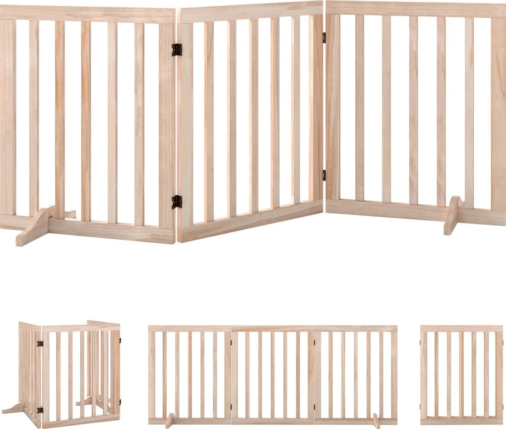 Barreira de Segurança Dobrável para Cães em Madeira, 3 Painéis, para Escadas e Portas, com 2 Pés de Apoio, 150x61 cm, Natural