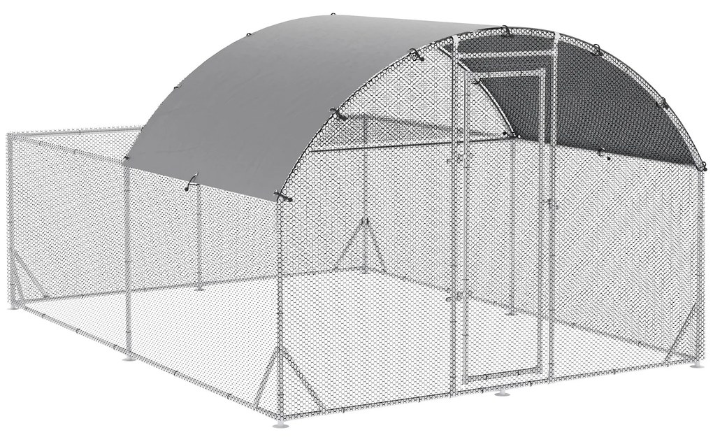Galinheiro de Exterior Grande 380x280x195cm Gaiola para 10-12 Galinhas de Aço Galvanizado com 2 Ambientes Teto com Cobertura de Tecido e Cerca para Co