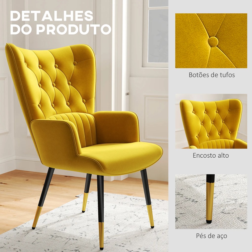 Poltrona Individual Estofada em Veludo com Encosto Alto Apoio para os Braços e Pés de Aço Estilo Moderno 68x72x103 cm Amarelo