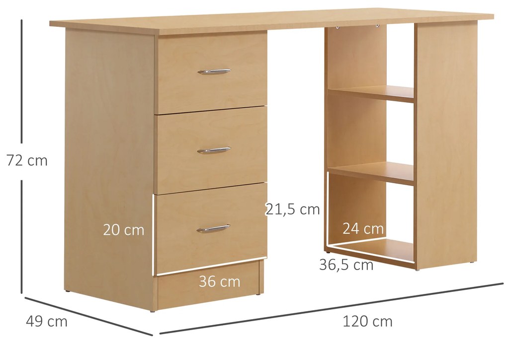 HOMCOM Mesa de computador de mesa para casa Escritório 3 gavetas 3 prateleiras móveis de escritório 120x49x72cm cor de madeira natural