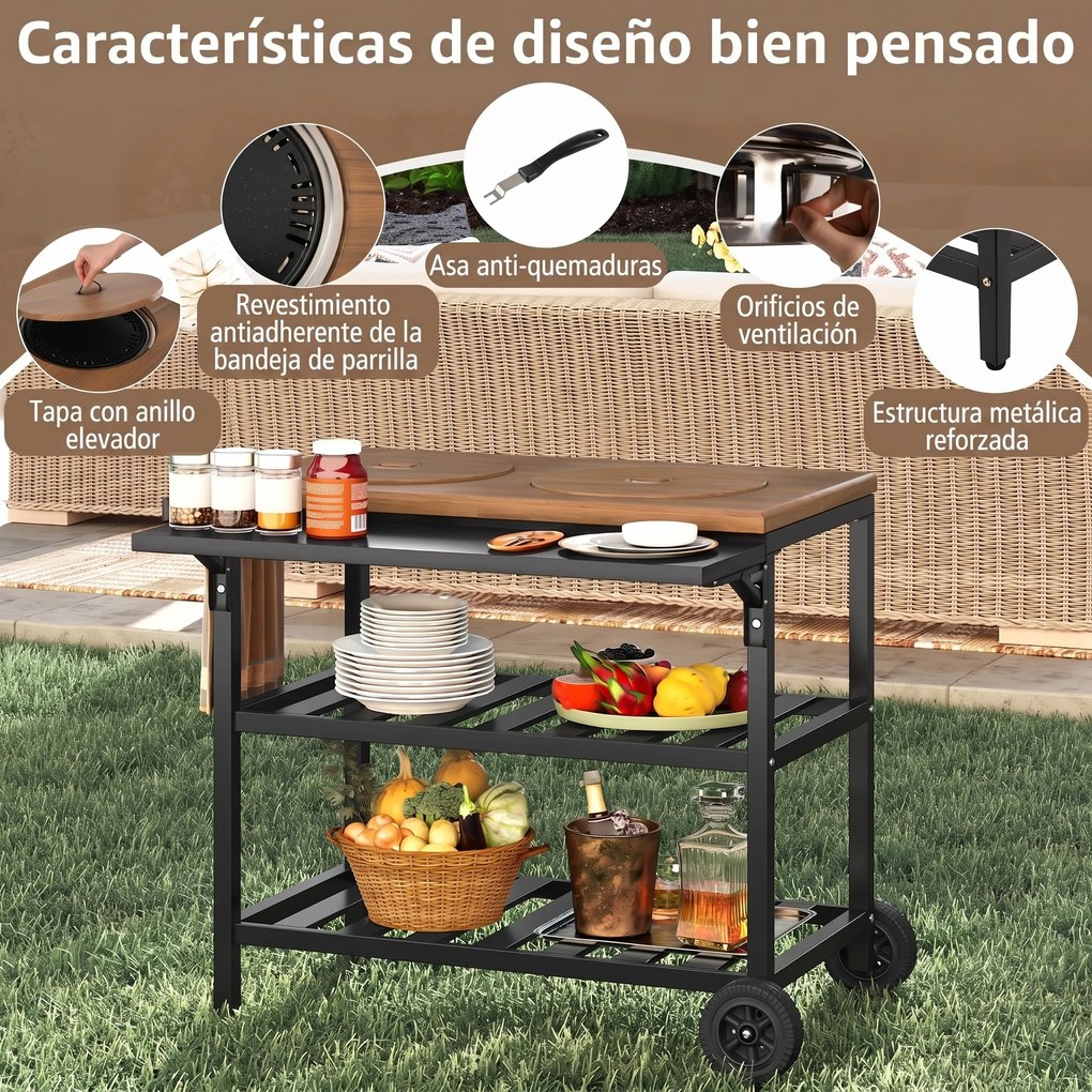 Carrinho de Barbecue com Grelha, 94,5 x 75 x 78,5 cm, Dupla Superfície de Confeção, Castanho + Preto