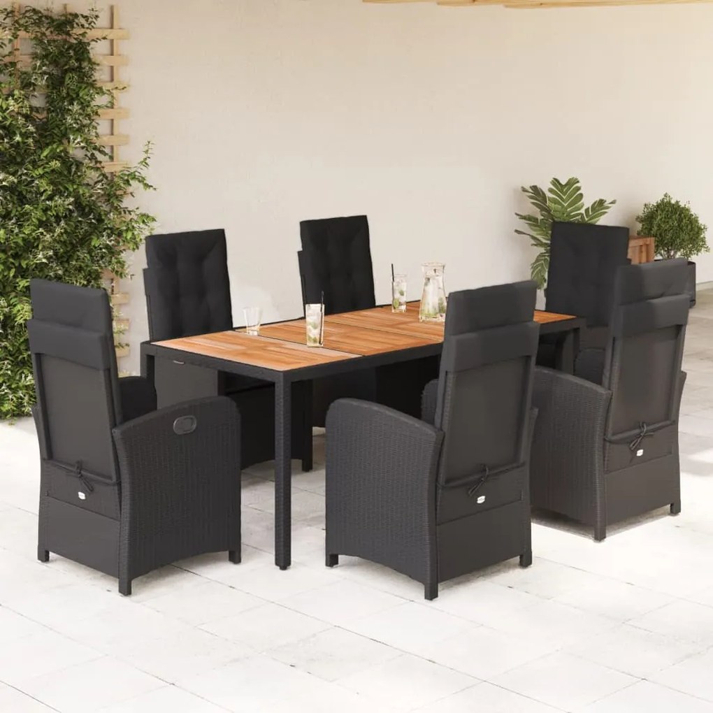 7 pcs conjunto de jantar p/ jardim c/ almofadões vime PE preto