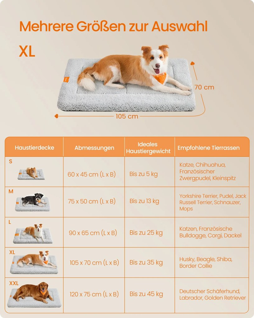 Manta para cães XL 105 x 70 cm, lavável na máquina, cinzento claro