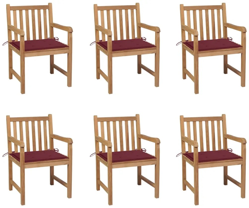 Cadeiras de jardim almofadões vermelho tinto 6 pcs teca maciça