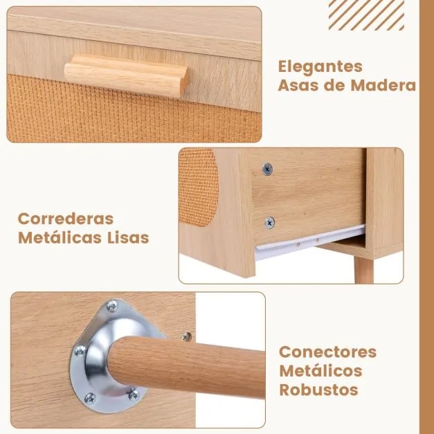Mesa de centro em rattan 100 x 50 x 41 cm moderna com 2 gavetas e compartimento traseiro retangular com pernas de madeira para sala de estar Natural