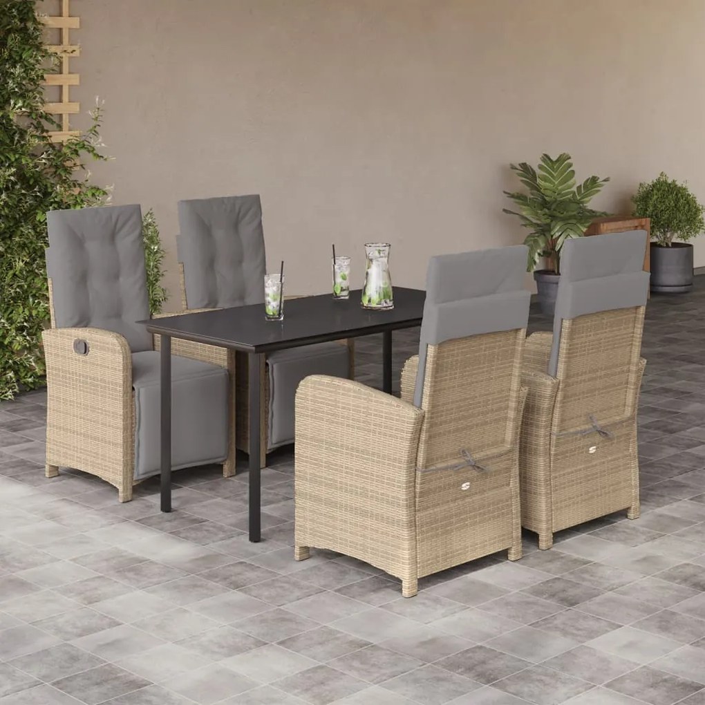 5 pcs conjunto de jantar p/ jardim com almofadões vime PE bege