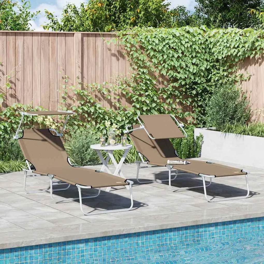 vidaXL Camas de sol dobráveis 2 peças com toldo taupe em tecido Oxford 600D