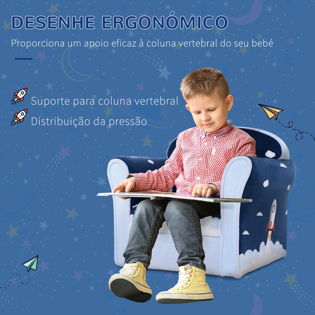 HOMCOM Poltrona para Crianças acima de 3 Anos com Desenhos de Foguete Estrutura de Madeira e Estofado em Flanela 50x39x44 cm Azul