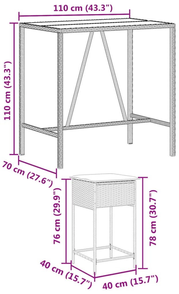 7 pcs conjunto de bar para jardim c/ almofadões vime PE preto