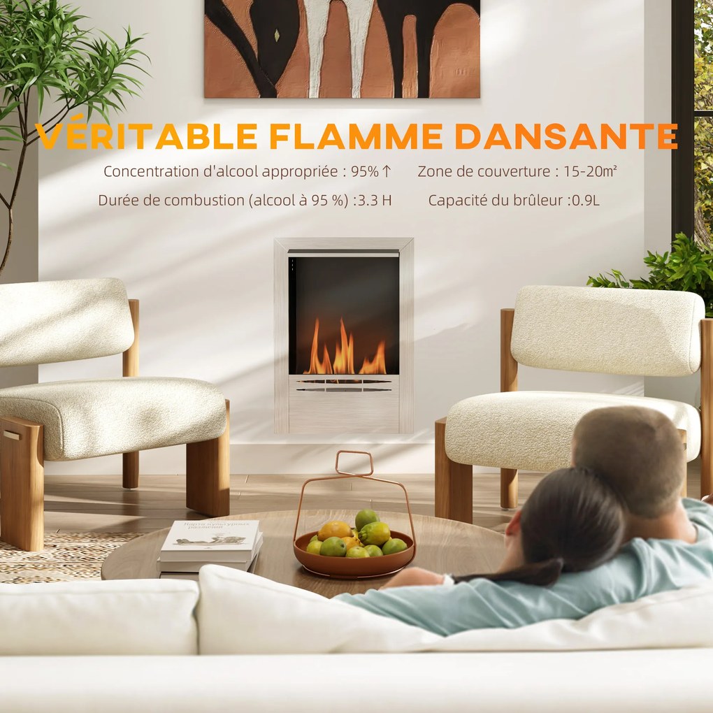 Lareira a etanol em aço inoxidável 48 L x 18 P x 59 A cm, capacidade de 0,9 litros, autonomia de até 3,3 horas, prateada
