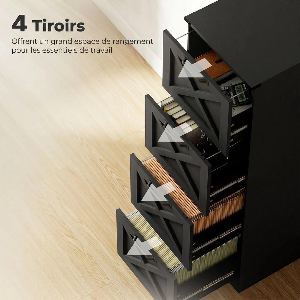 Bloco gavetas de Arquivo, 40 x 40 x 131 cm, 4 Gavetas para Dossiers Suspensos, Preto