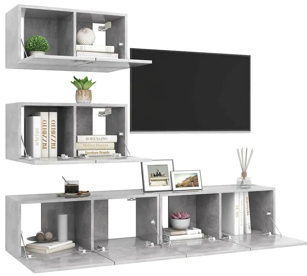 4 pcs conjunto de móveis de TV derivados madeira cinza cimento