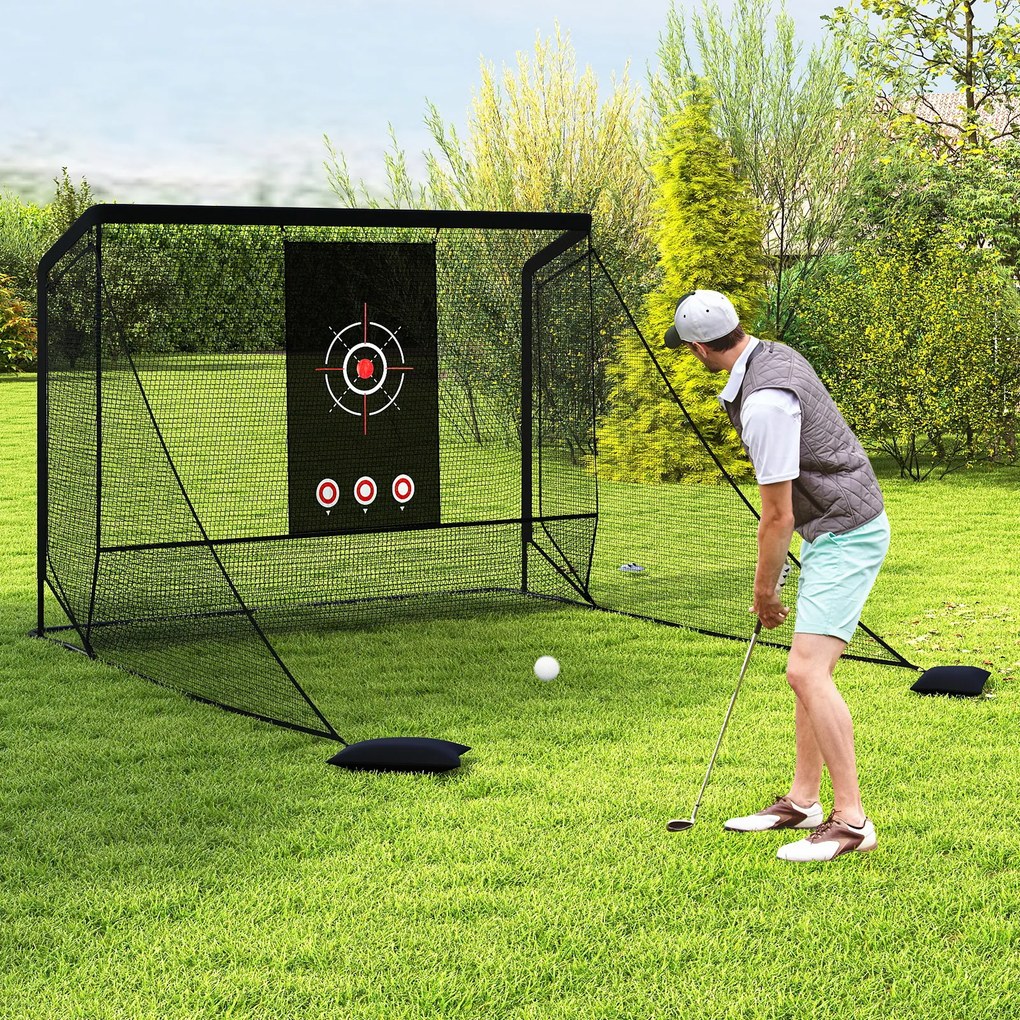 Rede de treino de golfe com redes laterais amovíveis, tecido branco e saco de transporte portátil para uso interior e exterior, 305 x 326 x 225 cm
