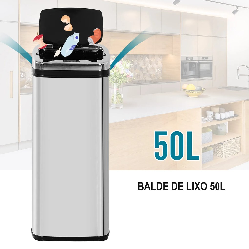 HOMCOM Balde de Lixo Inteligente de Aço Inoxidável 50L com Sensor Infravermelho de Abertura Automática para Cozinha Dormitório Casa de Banho 33x25x84 cm Prata e Preto
