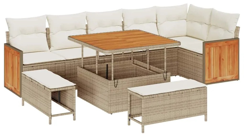 Conjunto de Sofá de Jardim vidaXL 9 Peças com Almofadas Bege, Rattan P