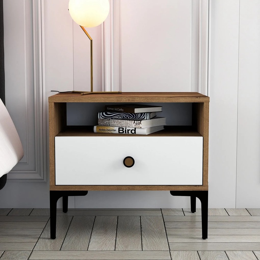 Mesa de Cabeceira Lizbon500 – Nogueira/Branco – 56x50,8x40 cm