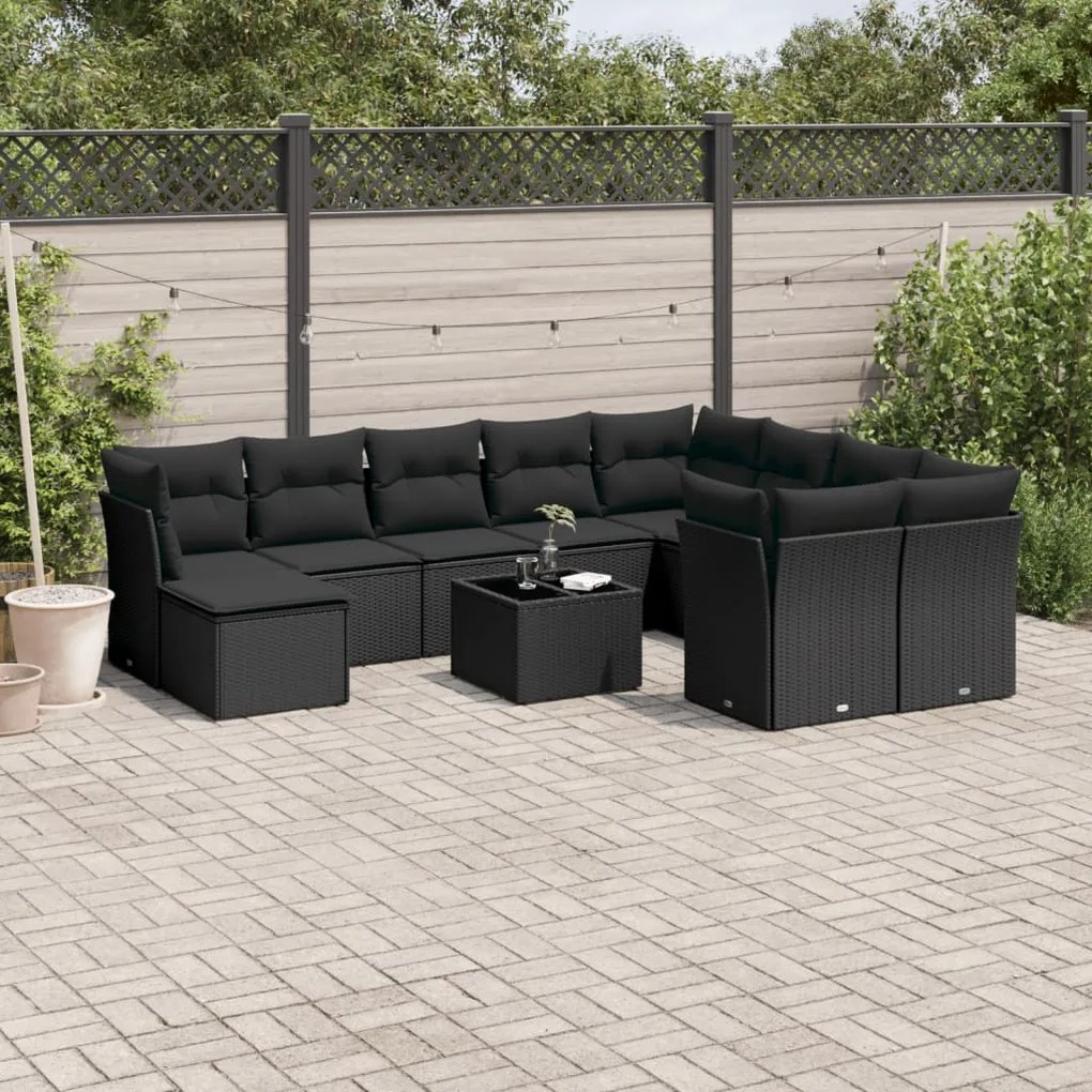 vidaXL 11 pcs conjunto sofás de jardim c/ almofadões vime PE preto