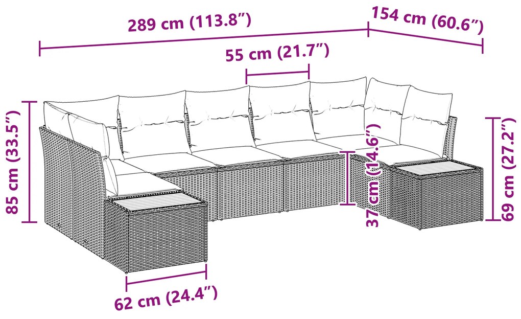 Conjunto de Sofá de Jardim com Almofadas Preto Poly Rattan Acácia