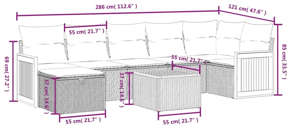 8 pcs conjunto sofás de jardim com almofadões vime PE preto