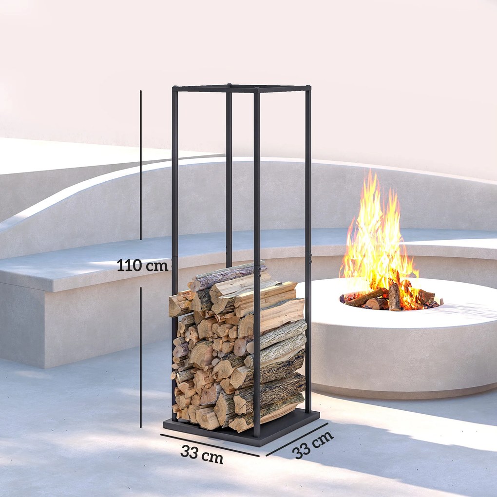 Suporte para Lenha Metálico para Lareira com Base Elevada Capacidade de 100 kg 33x33x110 cm Preto
