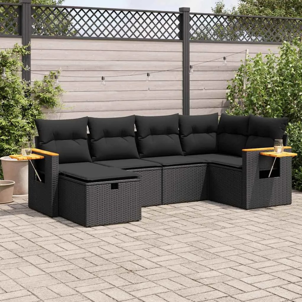 6 pcs conjunto sofás de jardim c/ almofadões vime PE preto