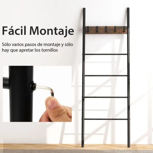 Toalheiro forma Escadas para toalhas de 5 degraus 5 ganchos casa de banho 60 x 3,2 x 180 cm Castanho rústico + preto