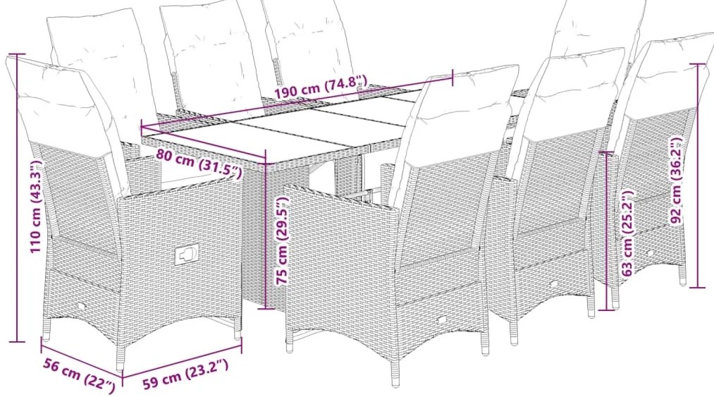 9 pcs conjunto bistrô de jardim c/ almofadões vime PE castanho