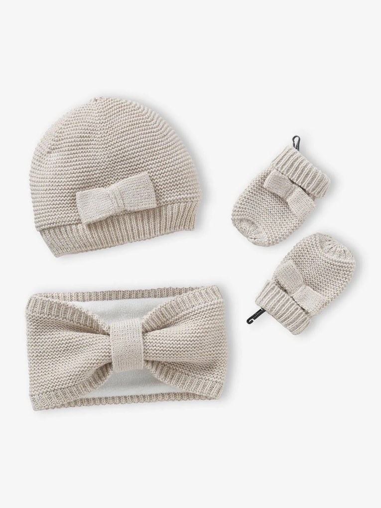 Agora -30%: Conjunto com laço: gorro + gola snood+ luvas, para bebé menina cru