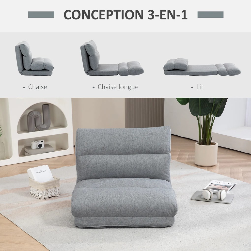 Poltrona de chão, sofá reclinável, poltrona convertível em cama, reclinável de 90° a 180°, tecido - 70 x 72 x 56 cm - cinzento