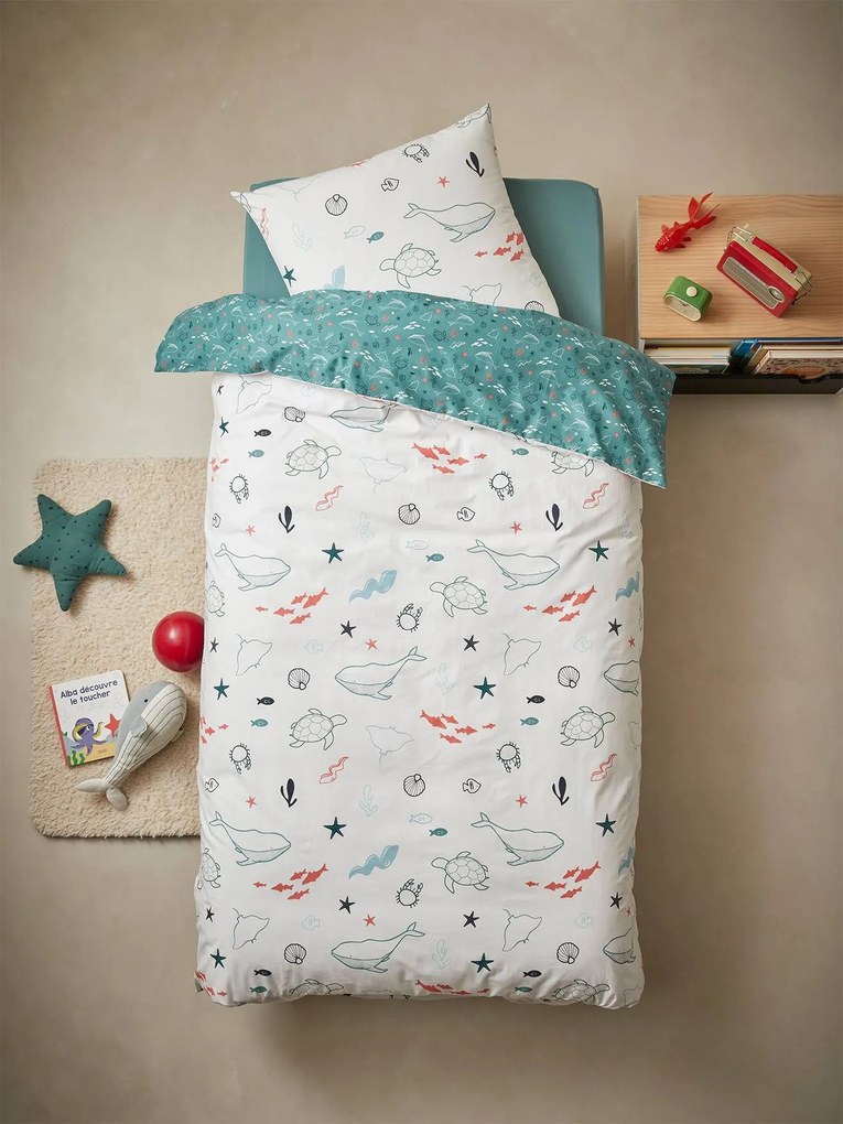 Conjunto capa de edredon + fronha de almofada para criança, Fundo do Mar, Basics azul medio estampado